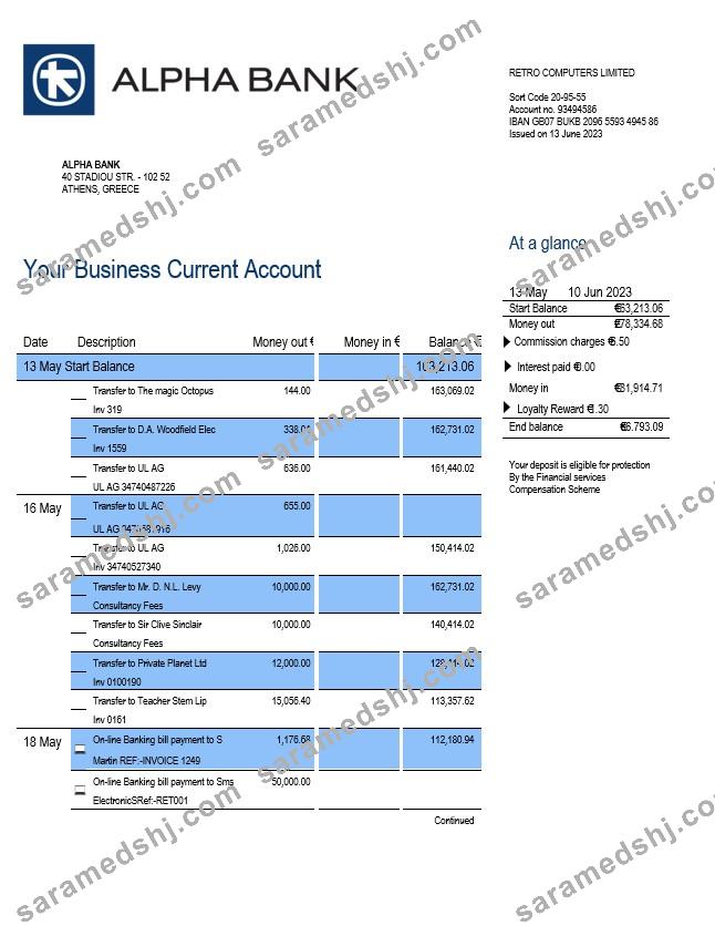 Alpha Bank company checking account statement Word and PDF template